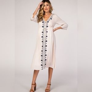 NWOT Beige Floral Embroidered 3/4 Sleeve Maternity Midi Dress